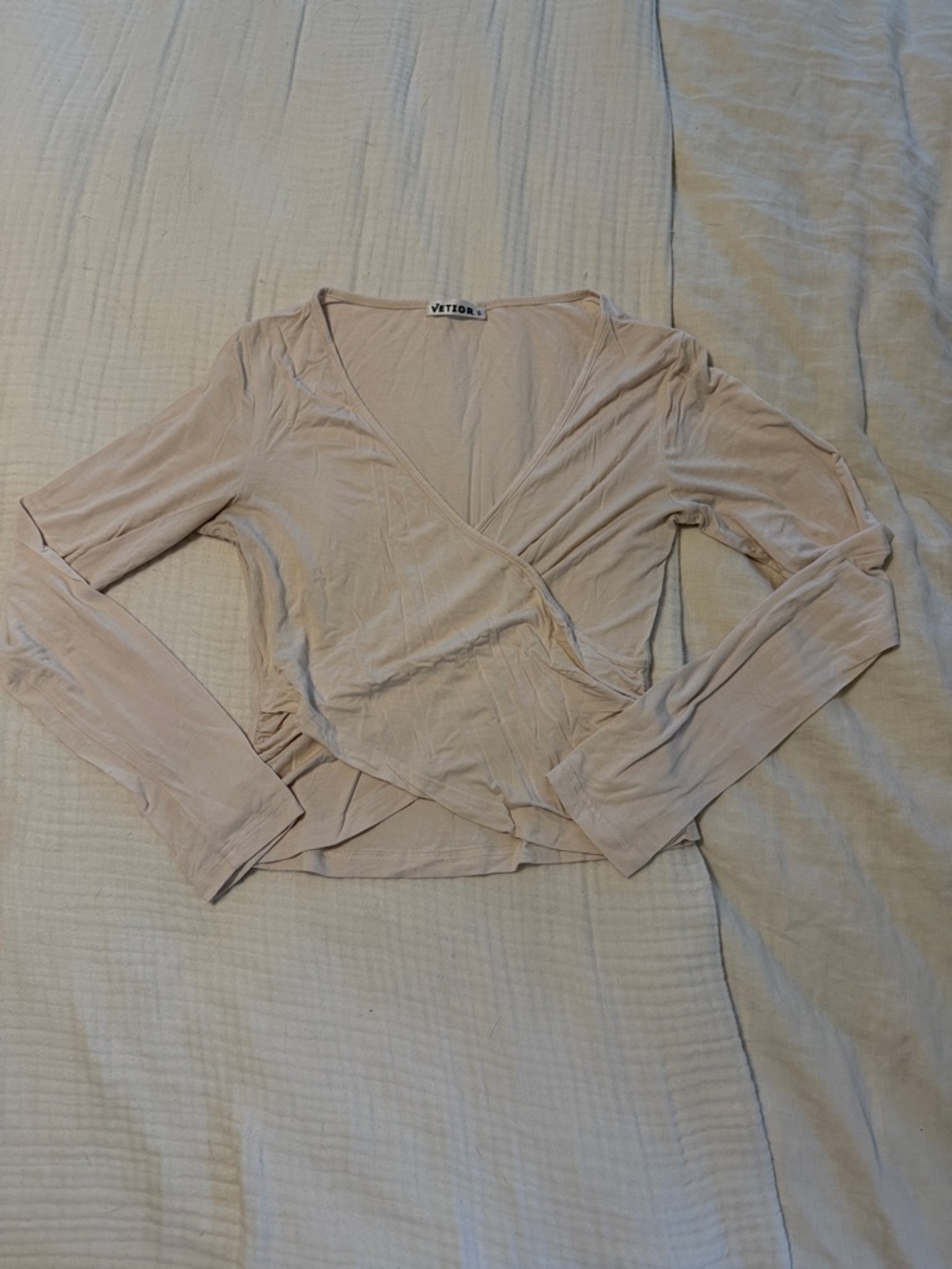 Soft Blush Pink Wrap-Front Long Sleeve Blouse